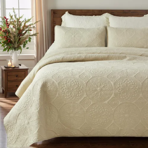 Miniatura 17 de Brandream Juego de Ropa de Cama Acolchado con Medallón de Lujo Tamaño King de Algodón Estilo Granja Juego de Edredón Tamaño Queen Colcha Matelassé