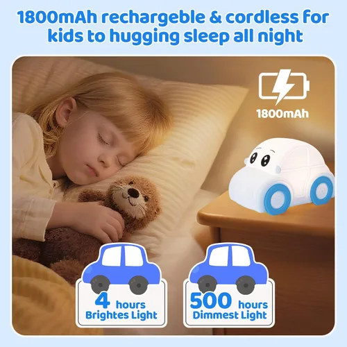 Miniatura 3 de Linda luz nocturna para bebés y niños en forma de coche, regulable+1800mAh recargable+temporizador+portátil+de silicona+esponjosa, lámpara de noche