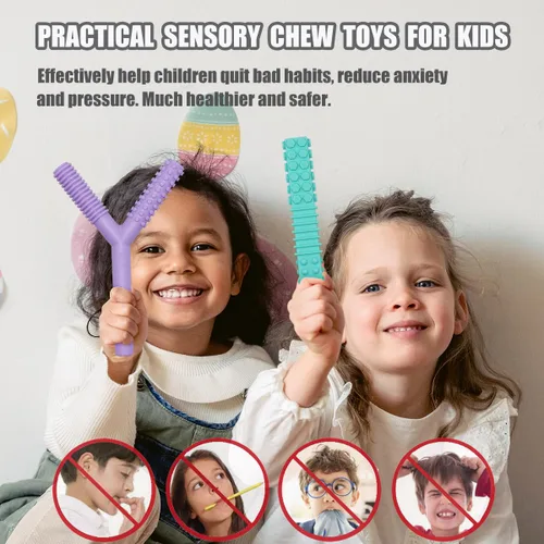 Miniatura 3 de Juguetes sensoriales para masticar para niños autistas, paquete de 4 tubos masticables para niños, silicona suave y duradera, herramientas motoras