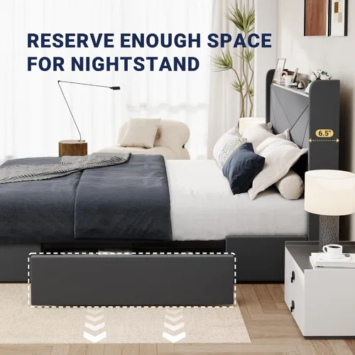 Miniatura 9 de Allewie Base de cama de terciopelo tamaño Queen con 3 cajones de almacenamiento, cama de plataforma tapizada con cabecera de almacenamiento