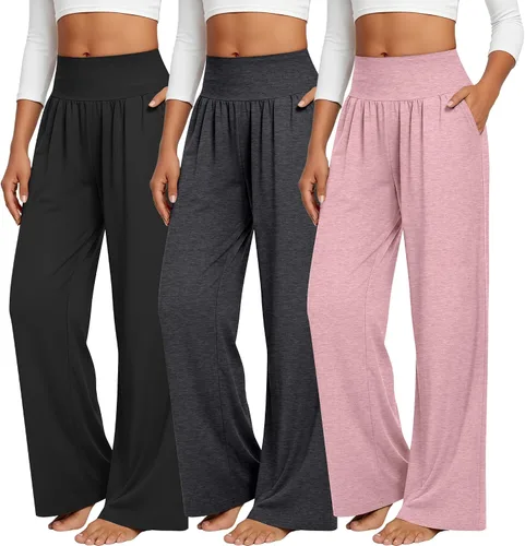 Neer - Conjunto de 3 pantalones de yoga de pierna ancha para mujer - Pantalones deportivos cómodos, holgados, de cintura alta y casuales para
