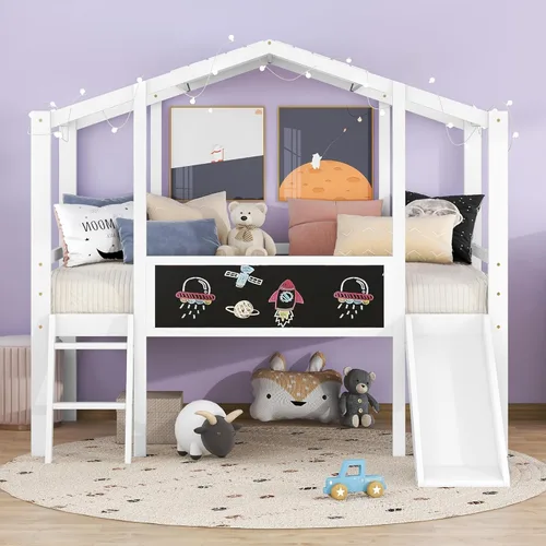Miniatura 11 de RUNNA Marco de cama de madera de tamaño matrimonial con valla, para niños, adolescentes, niñas, niños, (Natural-Thinck 4col)