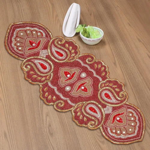 Miniatura 10 de Camino de mesa rojo navideño, camino de mesa navideño con cuentas de 36 pulgadas, camino de mesa con cuentas brillantes, centros de mesa