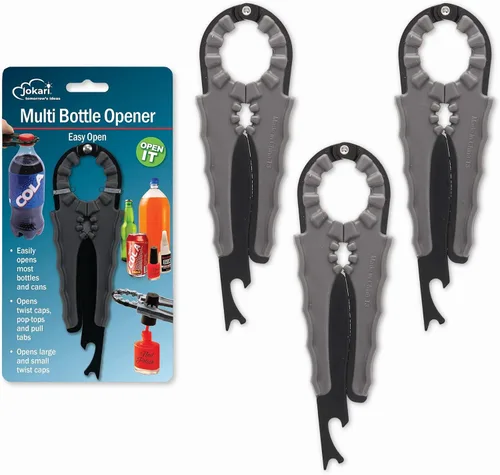 Miniatura 6 de Jokari Abridor de botellas múltiple para frascos, botellas y latas, 3 en 1, abridor de tapas de fácil agarre para manos débiles, tapas giratorias