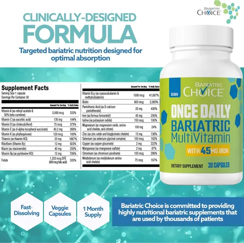 Miniatura 7 de Bariatric Choice Multivitamínico bariátrico una vez al día con 45 mg de hierro, cápsula fácil de tragar, vitamina para pacientes de cirugía