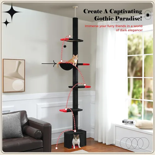 Miniatura 3 de PAWZ Road Árbol Gótico para Gatos, Torre para Gatos de Piso a Techo con Altura Ajustable (86.8-120 Pulgadas), Condominio Negro de 5 Niveles