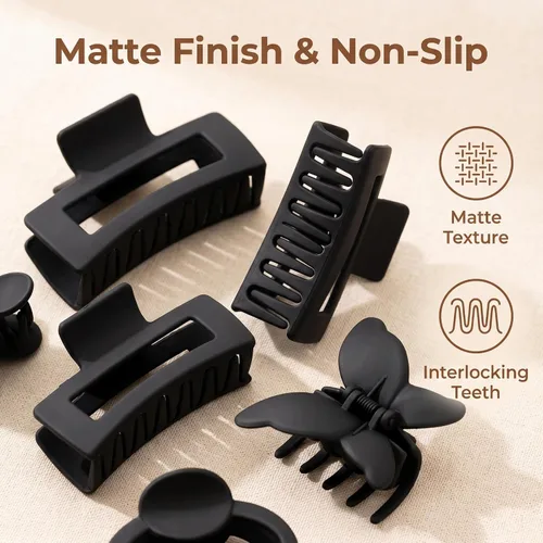 Miniatura 3 de Paquete de 6 accesorios antideslizantes mate para el cabello, pinzas de garra en negro para cabello fino y grueso, que van desde 1.85 a 4.5