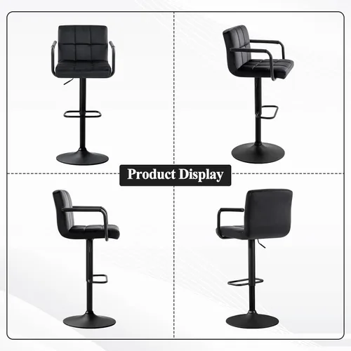 Miniatura 7 de Furniliving Taburetes de bar ajustables con respaldo, juego de 2 taburetes de bar negros, taburetes de bar de terciopelo con giro de 360°, taburetes