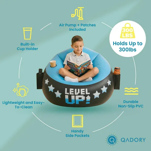 Miniatura 4 de Silla de Gaming Inflable para Niños – Soporta Hasta 300 libras, Incluye Bomba de Aire, Portavasos, 2 Bolsillos – Asiento de Puf de Gaming Duradero