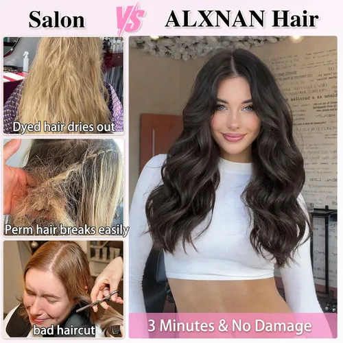 Miniatura 3 de ALXNAN Extensiones de cabello sintético largo y ondulado con clip, de 16 pulgadas, color negro natural, 4 piezas gruesas, fibra de doble trama