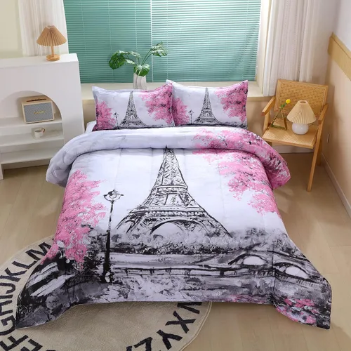Miniatura 10 de Juego de edredón estilo París para niñas y adolescentes, edredón tamaño individual de la Torre Eiffel de Francia con 2 fundas de almohada con Rojo