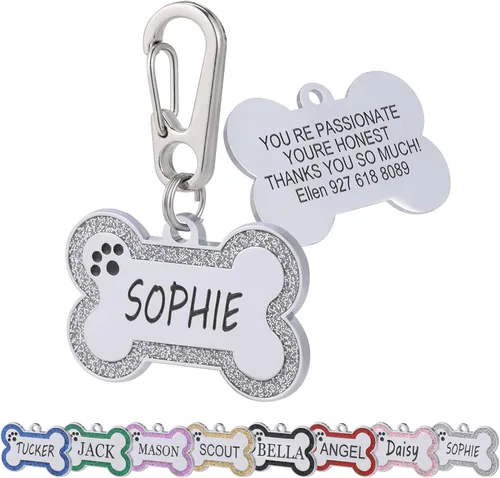 Etiquetas de identificación de mascotas personalizadas de acero inoxidable con diseño de hueso brillante - Etiquetas de perro grabadas EN Gris