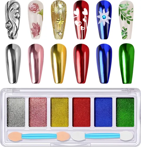 DRMODE Polvo de uñas cromado dorado y plateado, 6 colores rojo y verde, efecto metálico, polvo cromado para uñas, polvo cromado de color azul rosa
