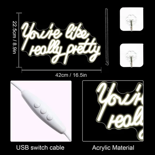 Miniatura 4 de Lucunstar Letrero de neón «You're Like Really Pretty» en color blanco cálido, luz LED de neón para decoración de pared, letrero iluminado para boda