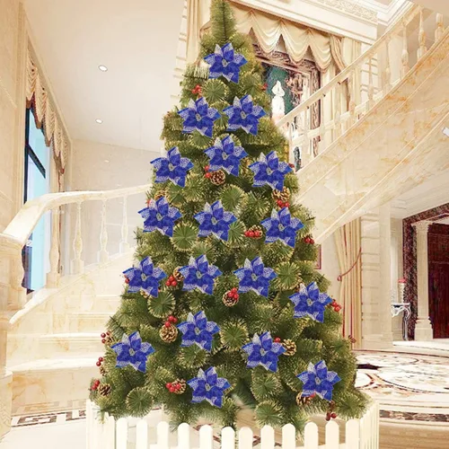 Miniatura 4 de Jim's Cabin Paquete de 12 flores de Pascua artificiales con purpurina para adornos de árbol de Navidad, mariposas y decoraciones doradas (azul)