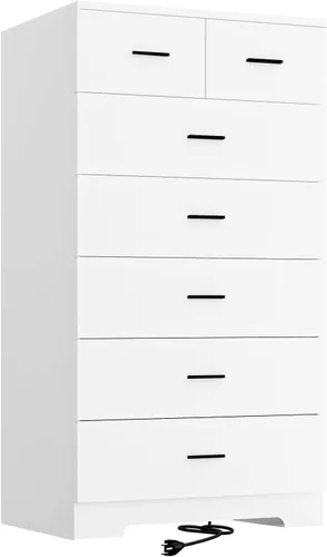 Miniatura 10 de FJTJBSI Cómoda con Tomas de Corriente de Madera de 6 Cajones con Organizador Grande Blanco Organizador de Almacenamiento Alto con Riel de Metal Liso