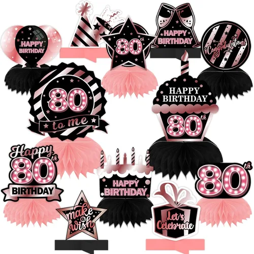 Centros de mesa de nido de abeja de color oro rosa y negro, globos para decoración de mesa de cumpleaños de 80 años, decoración de mesa para niñas y