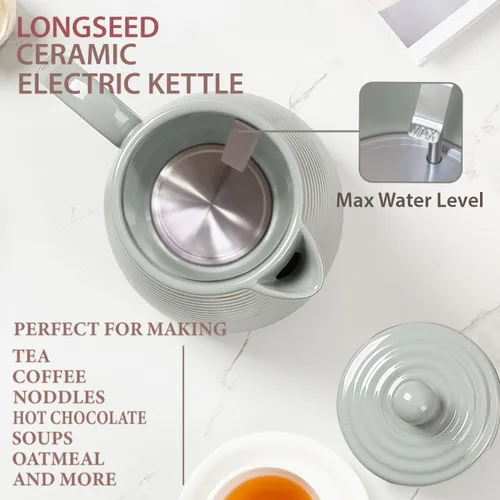 Miniatura 4 de Hervidor eléctrico de cerámica de 1.2 litros con infusor y taza, tetera de 1000W para hervir agua, hervido rápido, protección contra hervido