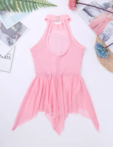 Miniatura 26 de YiZYiF Vestido de baile de lentejuelas para niños y niñas, leotardo de ballet, cuello alto, vestido lírico, traje de rendimiento irregular