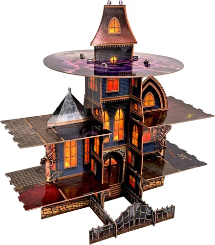 Beistle Haunted House - Soporte para cupcakes, torre gótica de 3 niveles de exhibición de postres de Halloween con diseño de mansión espeluznante,