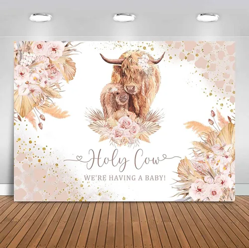 Fondo bohemio de vaca santa para baby shower, vaca de las tierras altas, con texto en inglés "We are Having A Baby", diseño floral bohemio de hierba