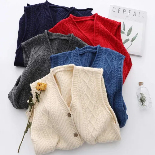 Miniatura 6 de Minibee Chaleco de suéter para mujer, casual, sin mangas, con cuello en V, con botones, de algodón, con bolsillos