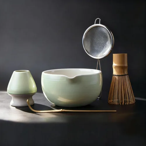 Joiish Juego de batidor matcha, kit de 5 piezas, tazón de cerámica con asa y soporte, batidor de bambú, tamiz, cuchara, herramientas tradicionales