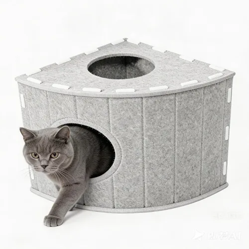 Miniatura 7 de Casa de fieltro para gatos gris, diseño de esquina cerrada en forma de abanico para esquinas de pared y rincones de sofá, con almohadilla