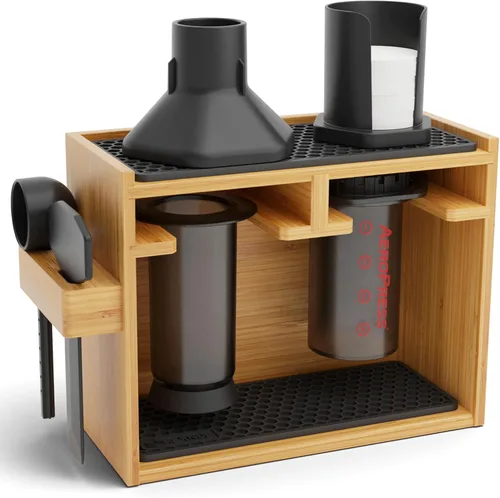 Miniatura 8 de HEXNUB Soporte organizador compacto AeroPress, organizador de café de bambú para cafetera AeroPress, accesorios, filtros, tazas, incluye