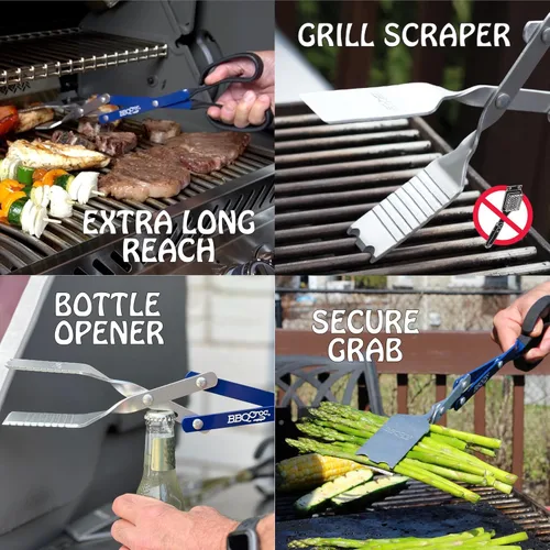 Miniatura 2 de Herramienta para barbacoa 3 en 1 de 18 pulgadas de BBQ Croc - Pinzas ligeras y largas, espátula y raspador de parrilla (azul)