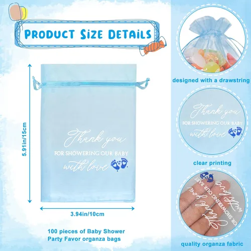 Miniatura 5 de Jspupifip 100 bolsas de regalo de agradecimiento para bebé, bolsas azules de 4 x 6 pulgadas, organza transparente, a granel para invitados