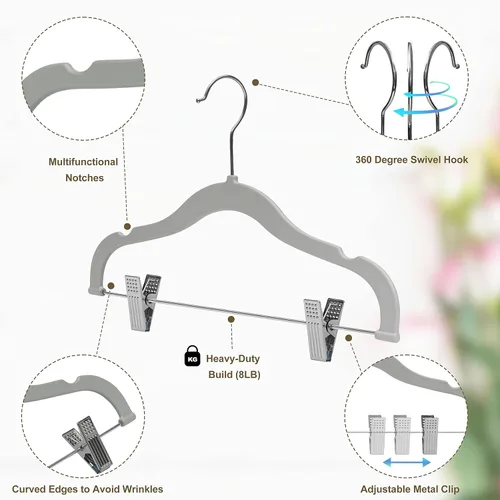Miniatura 5 de Perchas de plástico de calidad para niños, no aterciopeladas, delgadas, compactas, con clips de metal, para faldas, pantalones, blusas, gancho Gris