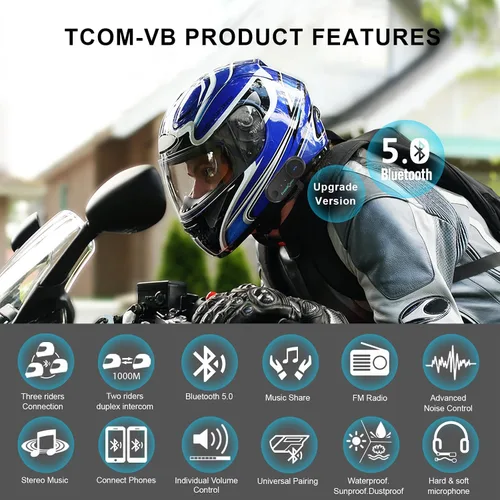Miniatura 2 de FreedConn Auriculares Bluetooth para motocicleta TCOM VB - Altavoces para casco de motocicleta, 3 riders Paring 800M 2 Riders Talking Helmet
