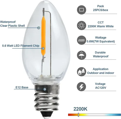 Miniatura 2 de Paquete de 25 bombillas LED C7 de luz nocturna, bombillas LED C7 de repuesto para cadena de luces de Navidad, 0.6 vatios equivalentes a 7 vatios, C7