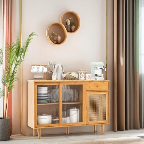 Miniatura 8 de Armario de buffet con almacenamiento, aparador de cocina con puertas correderas y cajón, mesa consola de ratán, barra de café para el hogar, sala