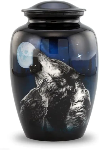 Urna de cremación de lobos de medianoche – 3 lobos aullando a la luna – Urna de lobo de tamaño completo para cenizas humanas de hasta 210 libras –
