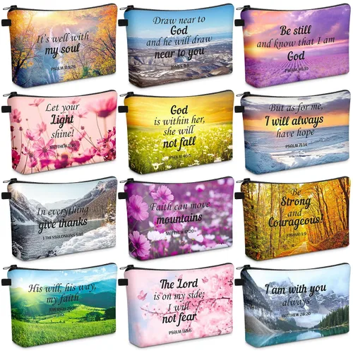 Miniatura 9 de Chunful 12 Piezas Regalos Cristianos Inspiradores Bolsas de Maquillaje Religiosas a Granel para Mujeres Bolsa de Cosméticos con Versículos Bíblicos