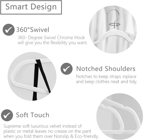 Miniatura 2 de MIZGI Perchas de terciopelo prémium (paquete de 60) resistentes, antideslizantes, ganchos cromados blancos, ahorro de espacio, color blanco/plateado