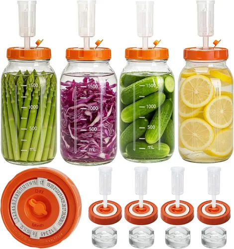 Kit de fermentación para frasco de fermentación de boca ancha, 4 pesos de vidrio, 4 tapas con marcador de fecha, 4 esclusas (sin frascos) Kit