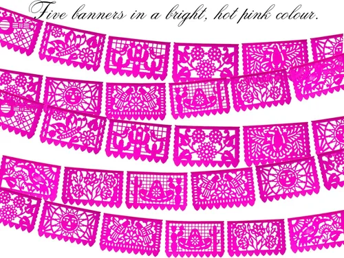 Miniatura 6 de Pancartas rosadas de Picado Picado, decoraciones de fiesta temática mexicana rosa, banderas mexicanas, decoraciones colgantes de fiesta de México