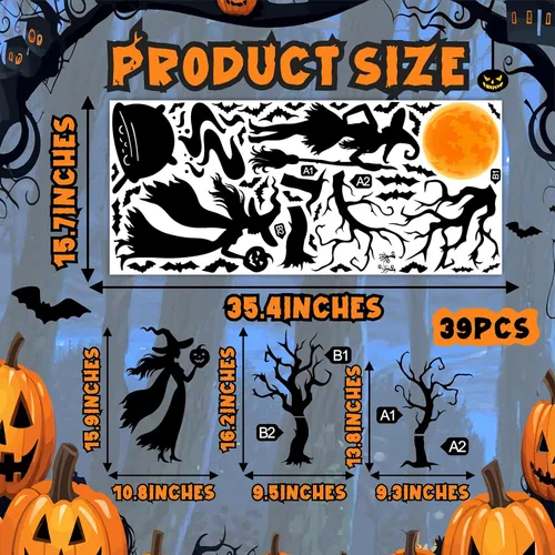 Miniatura 4 de Calcomanías de Halloween para ventana, calcomanías de brujas negras, calcomanías de pared de Halloween, murciélagos de árbol negro, murales de arte