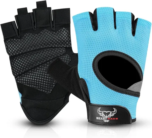 BEAST RAGE Guantes sin dedos para levantamiento de pesas con acolchado de protección en la palma, guantes de gimnasio transpirables y ligeros para