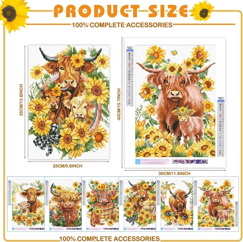 Miniatura 2 de Harloon Paquete de 6 kits de arte de diamantes de vaca de las tierras altas para adultos principiantes vaca 5D primavera verano pintura de diamantes