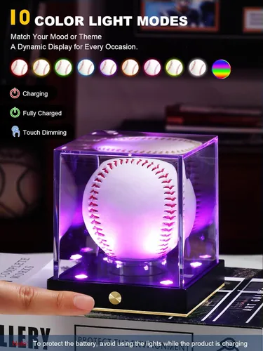 Miniatura 4 de Estuche de exhibición de béisbol JupDec sin cables con LED, caja transparente de acrílico con forma de cubo para béisbol con 10 colores de luz, caja