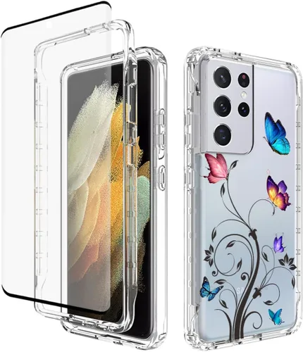 Funda para Galaxy S21 Ultra 5G, SM-G998U con protector de pantalla de vidrio templado, cuerpo completo transparente con protección floral para