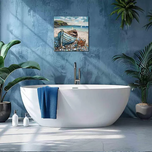 Miniatura 2 de Decoración de baño, arte de pared de playa, tema oceánico, imagen azul, impresión en lienzo, obra de arte costera moderna, enmarcada para colgar