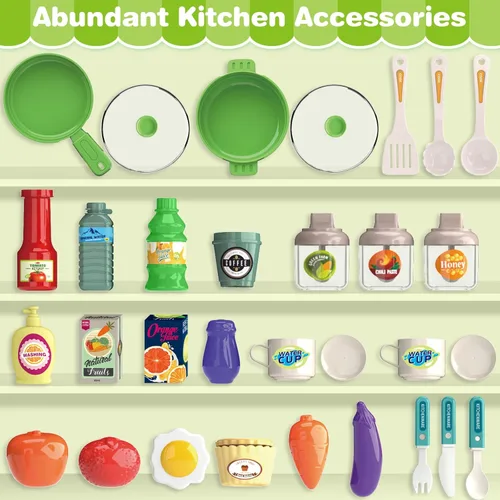 Miniatura 2 de Juego de cocina, juego de cocina para niños con sonido y luz realista, estufa de cocina, fregadero, comida de juego y accesorios, 57 piezas de Verde