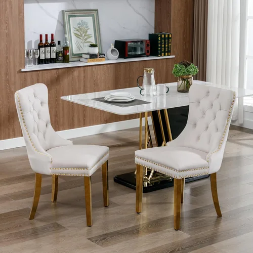 Miniatura 7 de Juego de 6 sillas de comedor de terciopelo, sillas tapizadas con respaldo alto capitoné con ribete de cabeza de clavo y anillo de tracción, patas