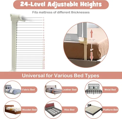 Miniatura 4 de BABY JOY Riel de cama para niños pequeños, 77 pulgadas, extra largo, altura ajustable y plegable, protector de riel de cama de bebé con malla Gris