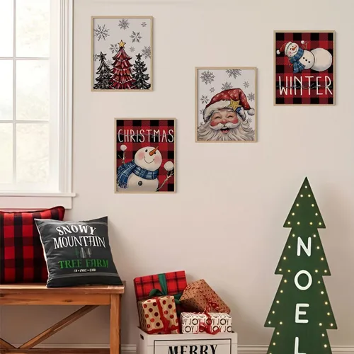 Miniatura 3 de XYDEG Conjunto de 4 Impresiones de Arte Navideño para Pared, Impresiones Navideñas, Hola Invierno Vintage Santa Navidad Muñeco de Nieve Búfalo